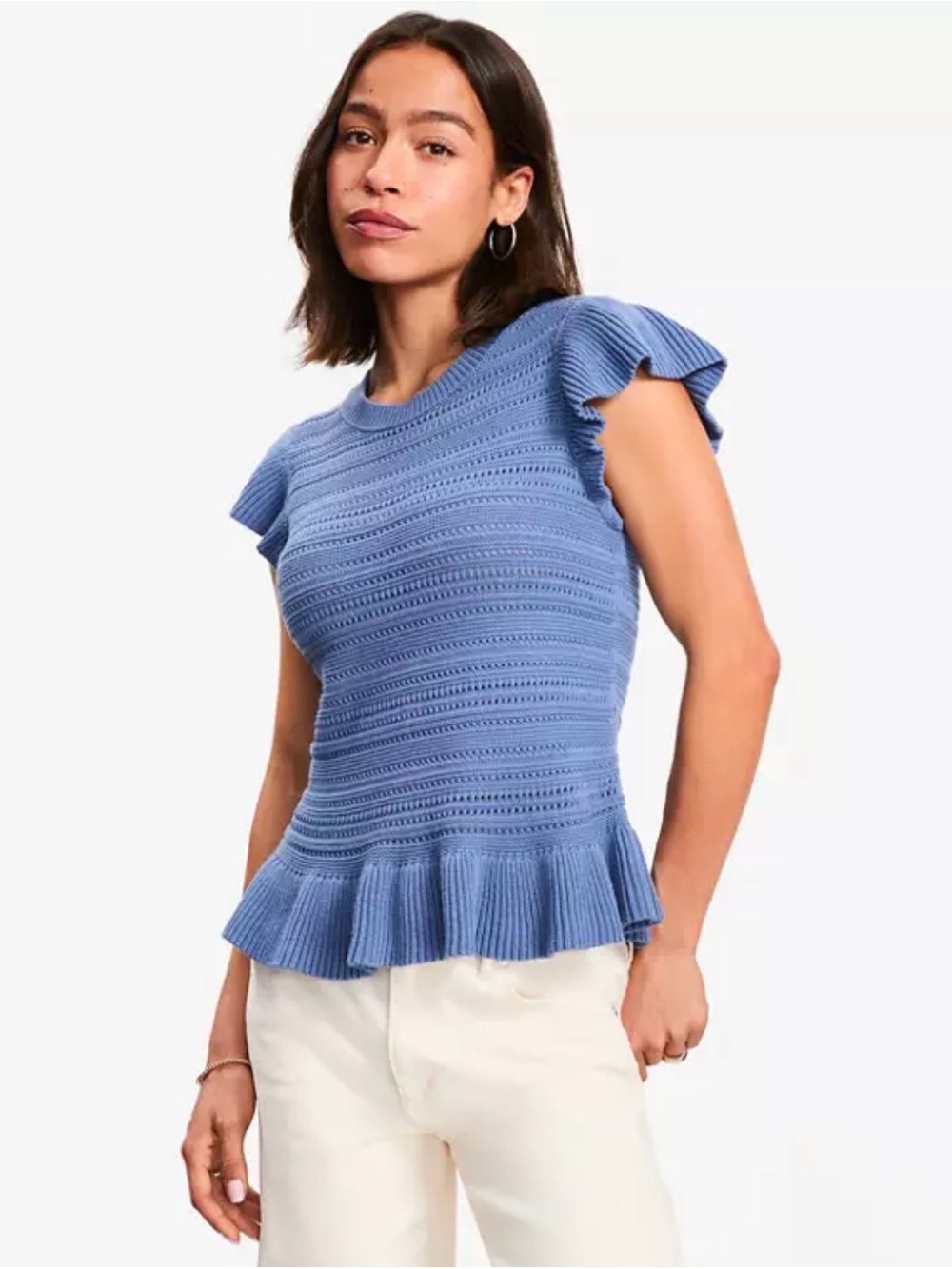 Ann Taylor LOFT Pointelle Ruffle Sweater Top Precious Sapphire Blue Size XL NWT